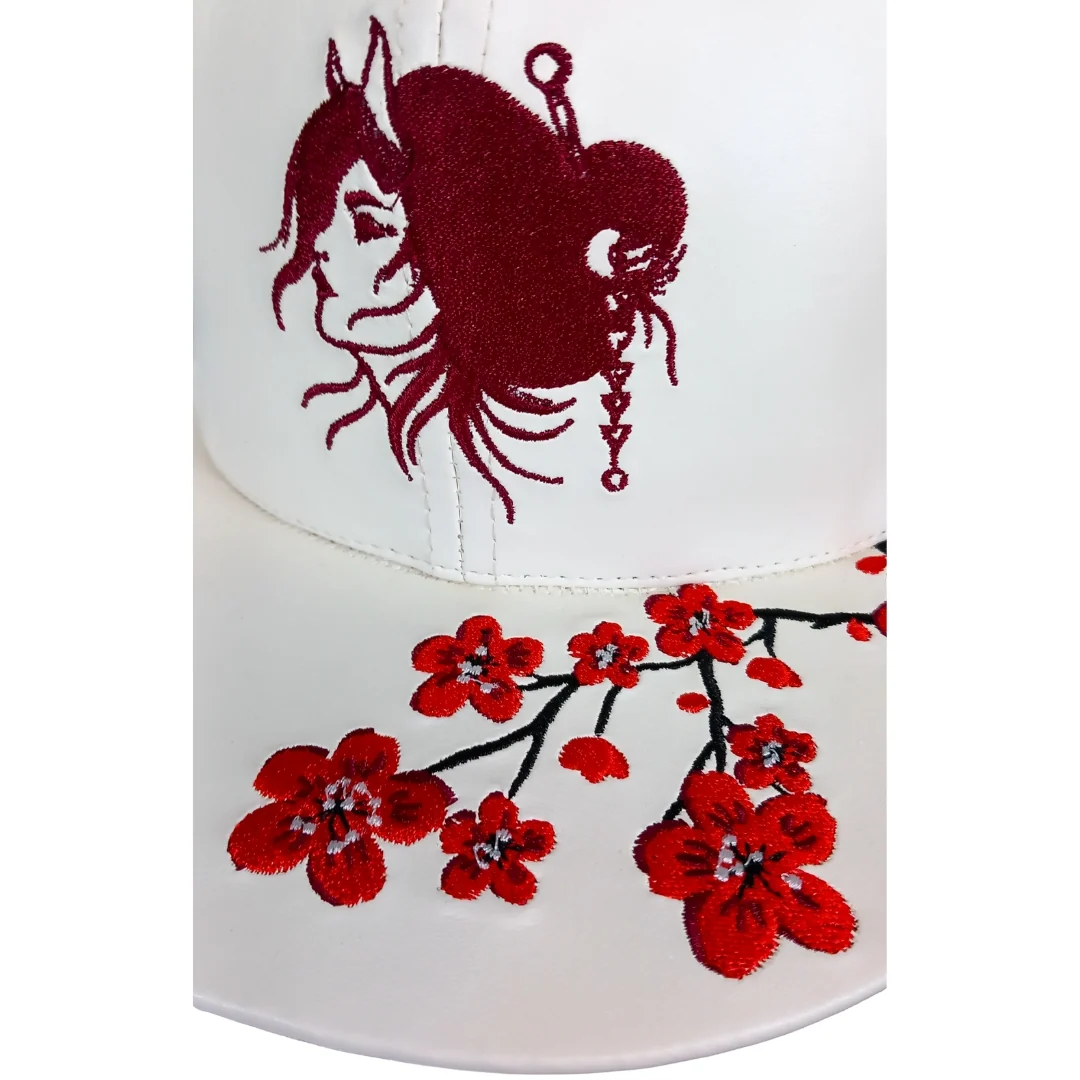 Robot Geisha Snapback - White Artificial Leather/Red Cherry Blossom - Image 12