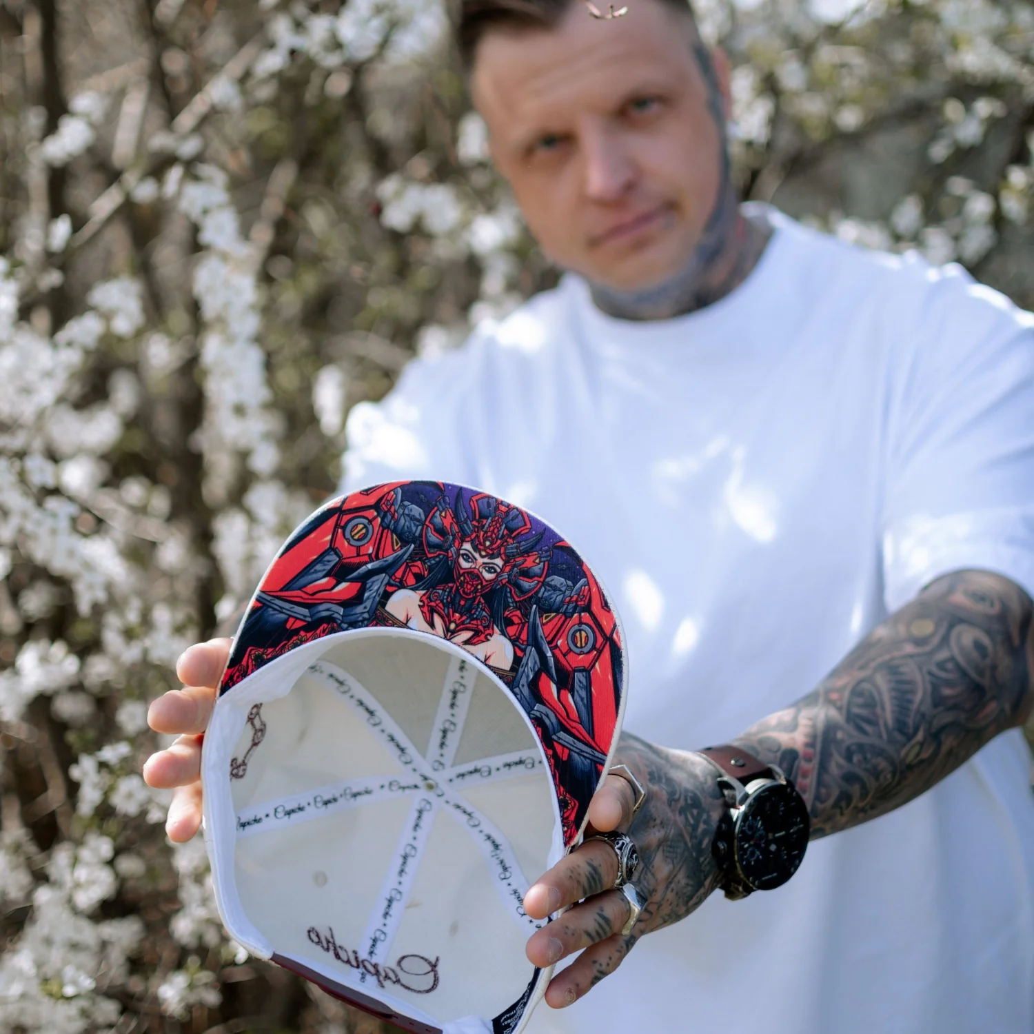 Robot Geisha Snapback - White Artificial Leather/Red Cherry Blossom - Image 6
