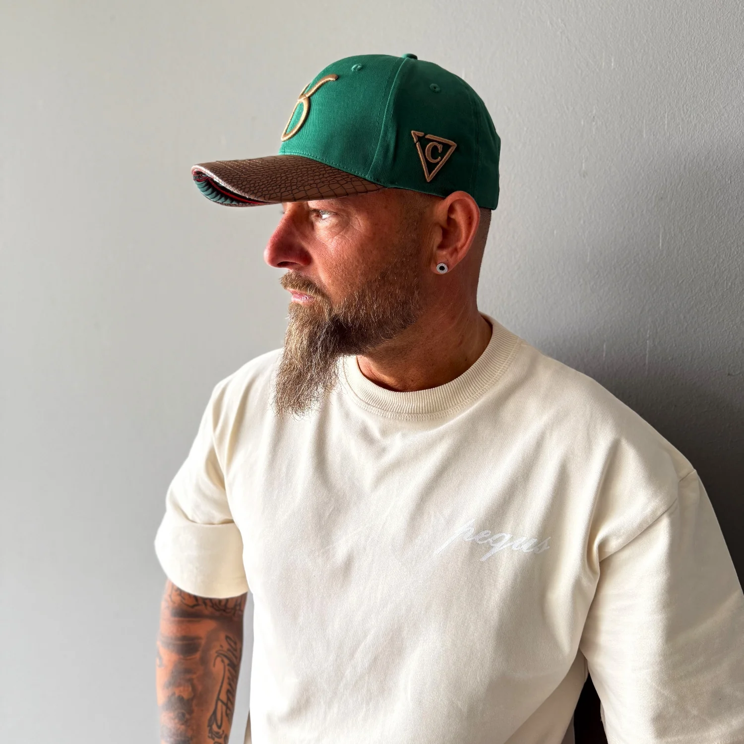 Horoscope Taurus Curved Cap - Green/Brown Faux Leather - Image 7