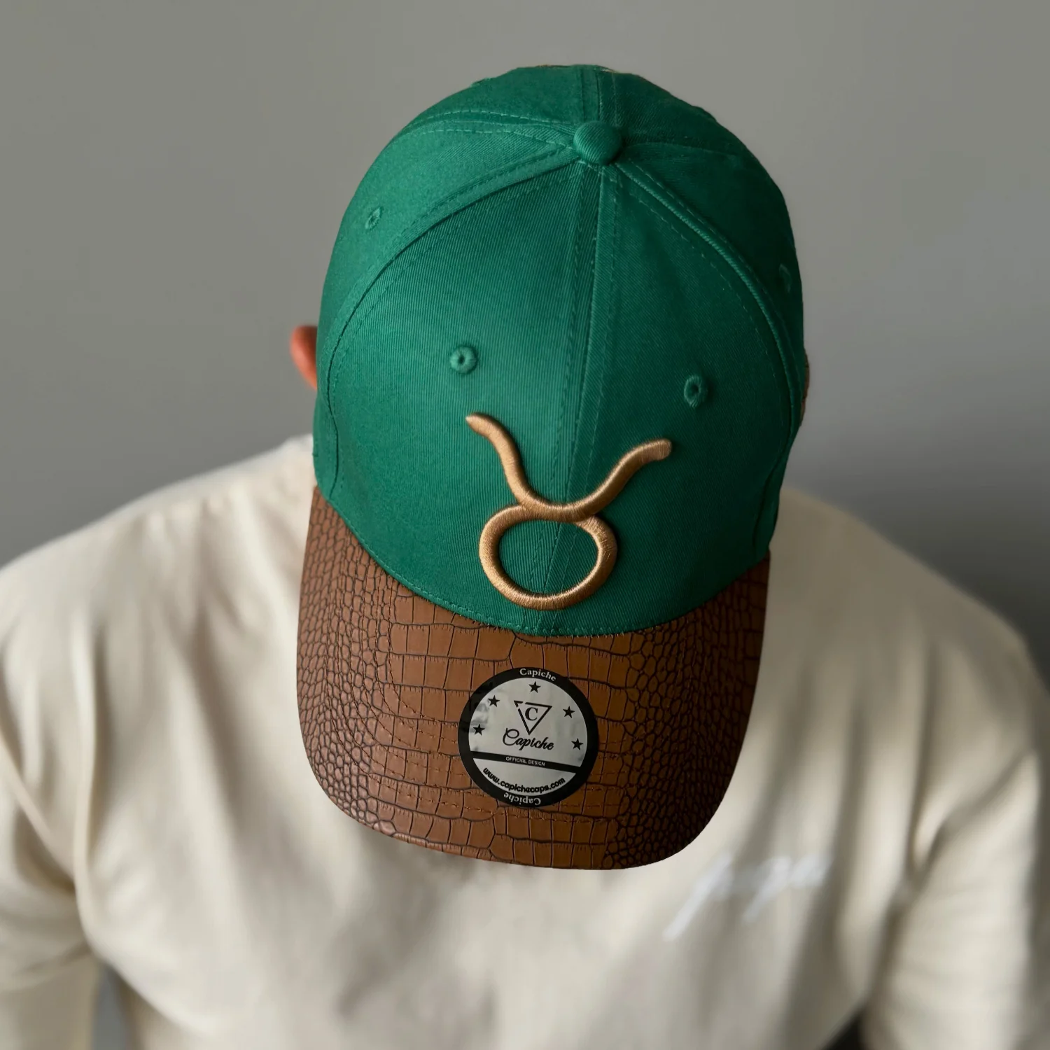 Horoscope Taurus Curved Cap - Green/Brown Faux Leather - Image 8